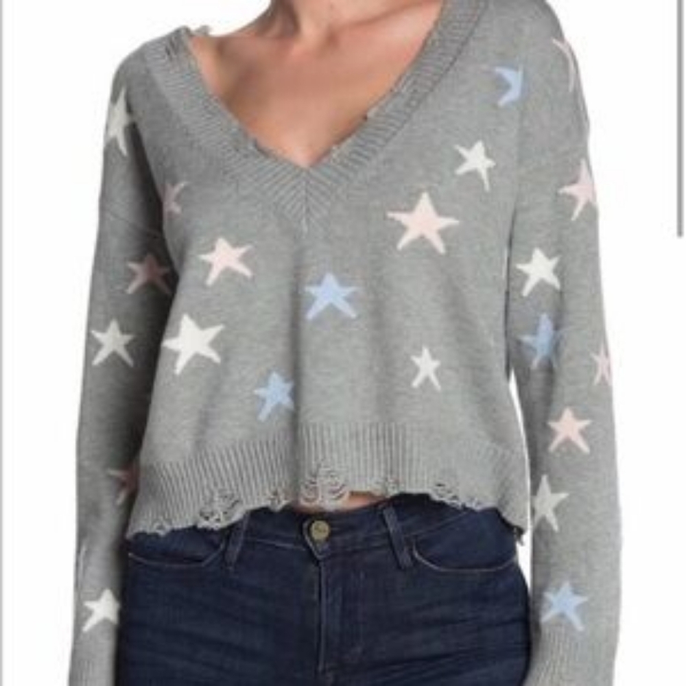Wild Honey Gray Off-Shoulder Star Sweater - Picture 2 of 3